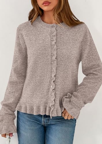PRETTYGARDEN Womens Fall Button Down Cardigans Chunky Knit Ruffle Open Front Cropped Cardigan Sweaters Soft Long Sleeve Tops (Oatmeal,Medium) at Amazon Women’s Clothing store