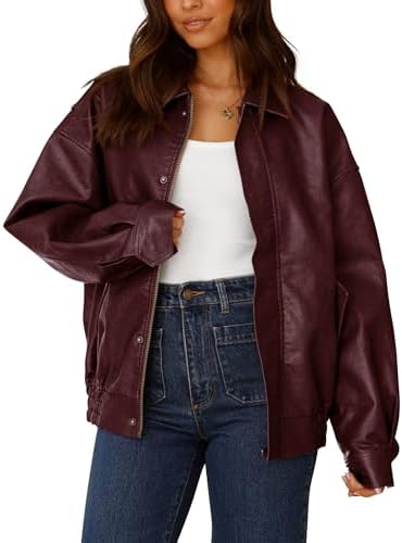 PRETTYGARDEN Women's Faux Leather Motorcycle Jacket Trendy Fall Spring Clothes Oversized Zip Up Winter Coat Outerwear (Wine Red,Large) at Amazon Women's Coats Shop