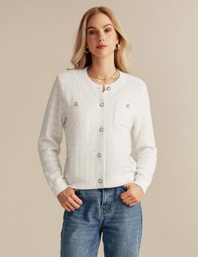 Womens 2024 Long Sleeve Crew Neck Cardigan Button Down Knitted Shirt Outerwear with Pockets White at Amazon Women’s Clothing store