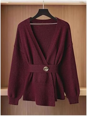 GORGLITTER Women's Wrap Cardigan Deep V Neck Long Sleeve Dressy Sweater Business Casual Outfits Burgundy Large at Amazon Women’s Clothing store