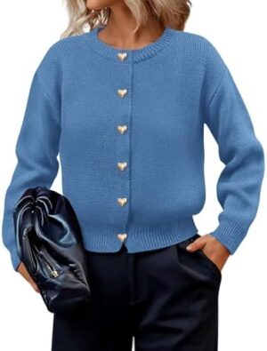 PRETTYGARDEN Cardigan for Women 2026 Fall Fashion Long Sleeve Trendy Button Down Work Office Sweaters Cute Winter Jacket (Grey Blue,Small) at Amazon Women’s Clothing store