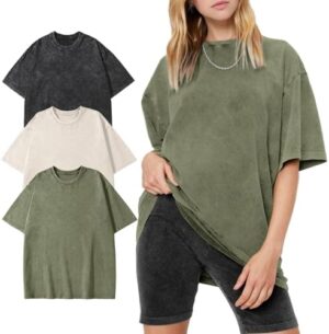 PEHMEA 3 Pcs Women's Oversized T-Shirts Cotton Short Sleeve Vintage Washed Baggy Boyfriend Streetwear Summer Tops(Black+Beige+ArmyGreen-L) at Amazon Women’s Clothing store