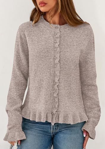 PRETTYGARDEN Womens Fall Button Down Cardigans Chunky Knit Ruffle Open Front Cropped Cardigan Sweaters Soft Long Sleeve Tops (Oatmeal,Medium) at Amazon Women’s Clothing store