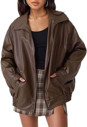 AUTOMET Women's Oversized Faux Leather Jacket - Fall Motorcycle Style Coat with Zipper Closure Brown M at Amazon Women's Coats Shop
