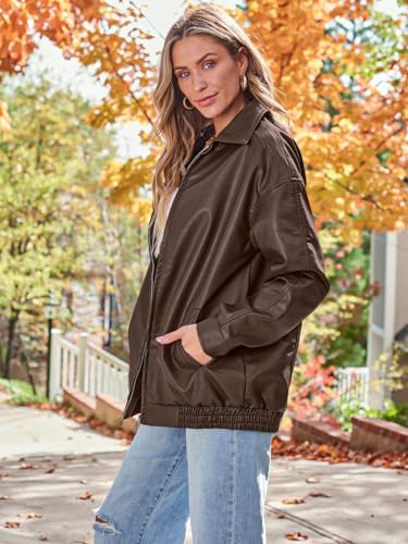 AUTOMET Women's Oversized Faux Leather Jacket - Fall Motorcycle Style Coat with Zipper Closure Brown M at Amazon Women's Coats Shop